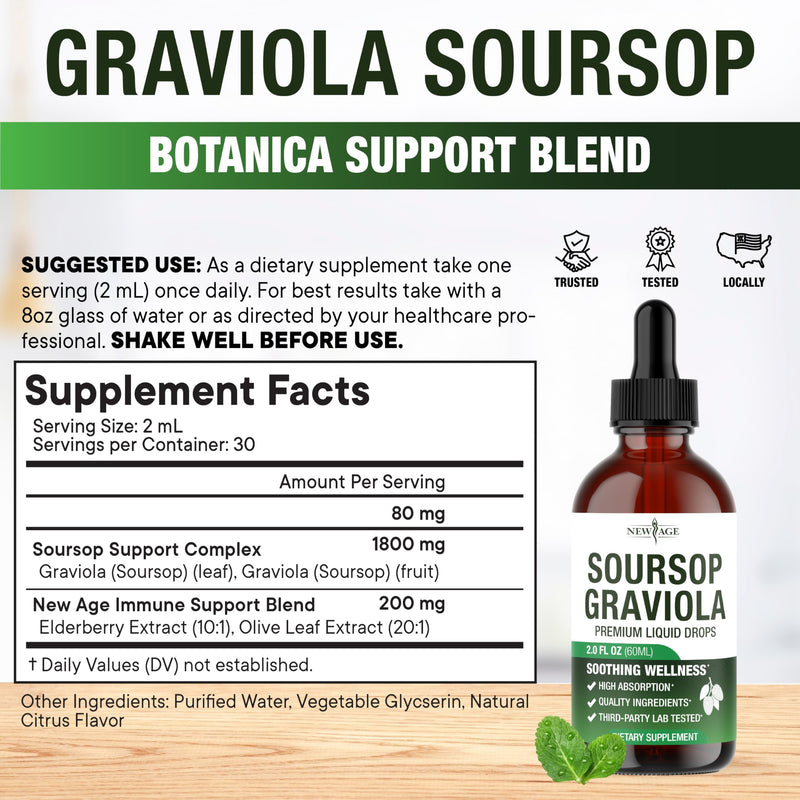 NEW AGE Soursop Drops - Soursop Bitters Liquid with Soursop Fruit and Leaves, Elderberry, Vitamin C and Olive Leaf - Multimineral & Vitamins Superfood - 4 oz 2 Fl Oz (Pack of 2)