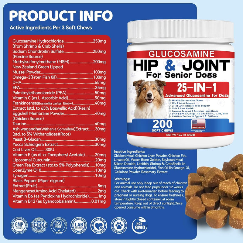Hip and Joint Supplement for Dog - Glucosamine for Dogs, 25-In-1 Hip and Joint Chews for Dog with MSM,Green Lipped, Turmeric, Yeast, Omega3, Vitamins| Mobility Support for All Ages & Sizes, 200 ct Chicken 200 Count
