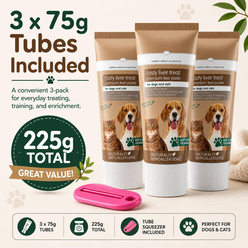 Tasty Liver Treat Paste for Dogs & Cats 75g x 3, Grain-Free Pet Pate with Tube Squeezer Tool, Easy Squeeze Training Reward, Lick Mat Paste, Food Topper & Medication Helper