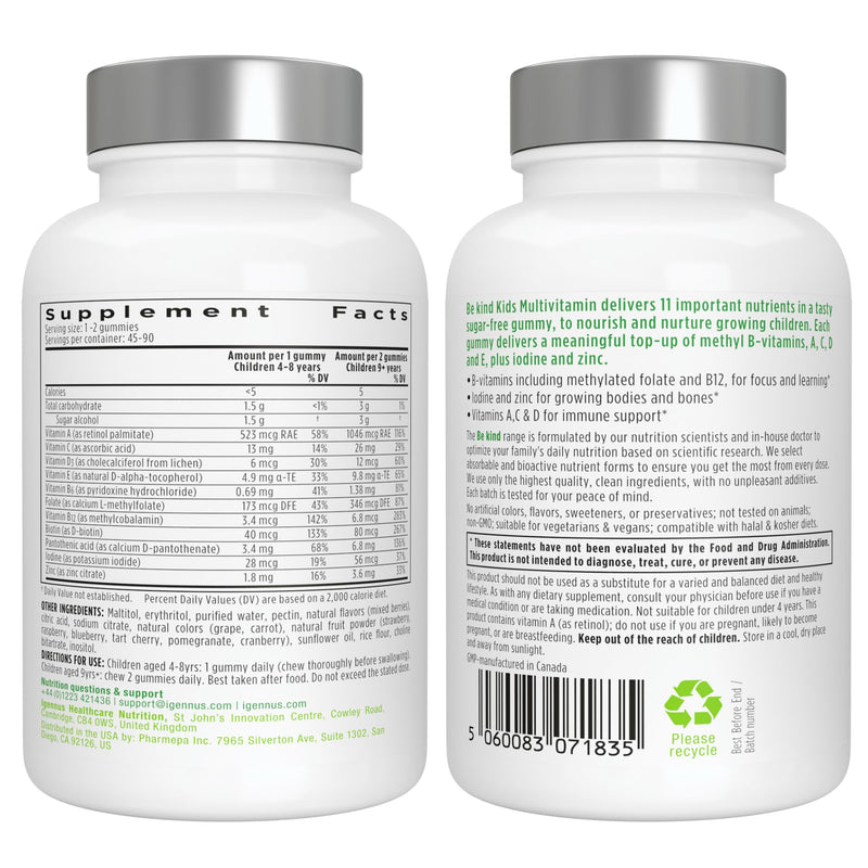 Igennus Methylated Kids Multivitamin Gummy, MTHFR, No Artificial Sweeteners or Flavors, Sugar Free, Age 4+, 90 Natural Berry Flavor Gummies from Fruit Powder, Non-GMO, Halal, Clean Label 90 Count (Pack of 1) - BeesActive Australia