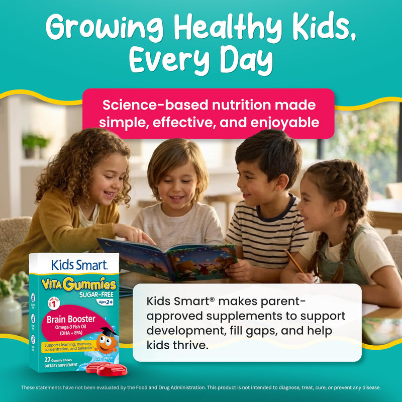 KIDS SMART Brain Booster Omega-3 DHA EPA Gummies, Focus & Memory, Kids 2+ | Omega-3 DHA + EPA Fish Oil Gummies, 27 Count, Sugar-Free, Gluten-Free, Non-GMO, Supports Focus, Memory, Learning & Behavior