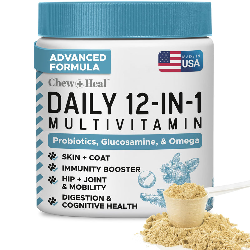 12-in-1 Multivitamin Powder for Dogs - 5.4 oz of Puppy and Senior Dog Vitamins and Supplements - Advanced Formula with Glucosamine, Omega 3,6,9, Vitamins, Probiotics, and More - Made in the USA 5.4 Ounces