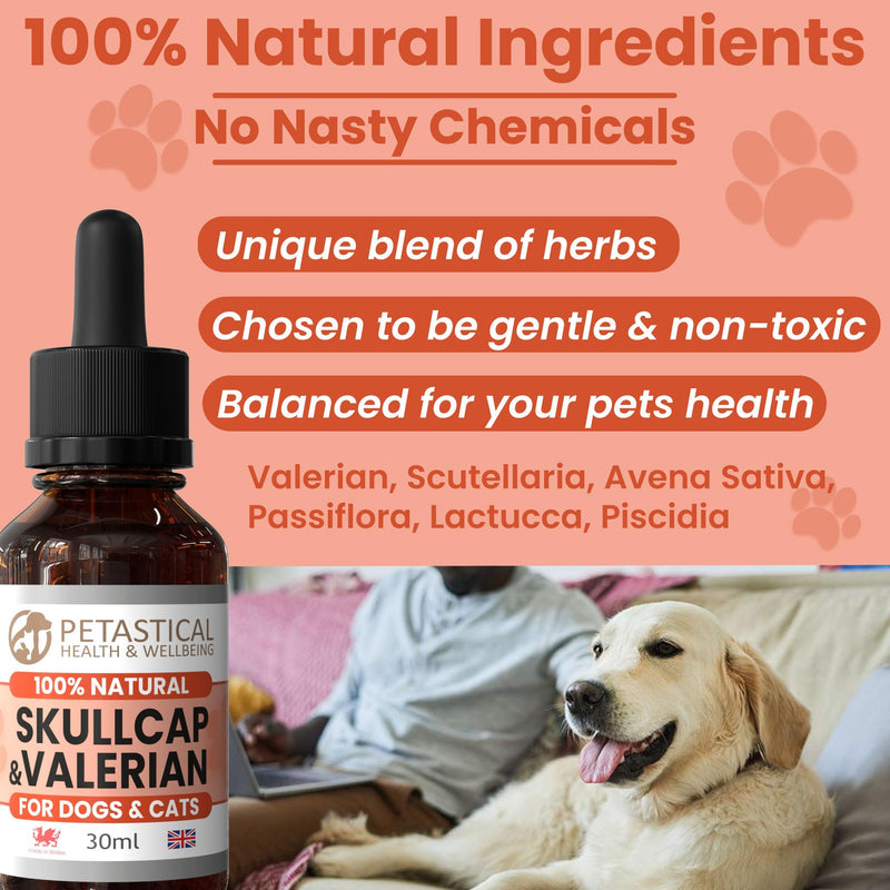 Skullcap Valerian, Cat Dog Calming, Anxiety Calming Drops, Home Alone, Barking, Loud Noises, Fireworks, Travel (60ml) 60ml