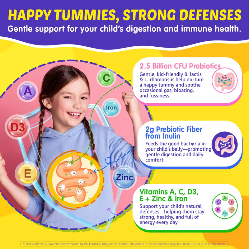 Kids Multivitamin Gummies + Iron, Kids Focus Gummies with Omega-3, Brain Attention Supplements, Memory, Vision, w/ Lutein, Methylated Folate & B12, Probiotics, Fiber, Children Vitamins for Growth 2P 60 Count (Pack of 2)