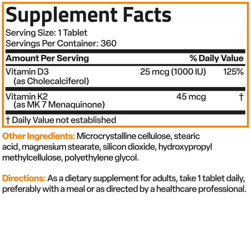 Bronson Vitamin K2 MK-7 45 mcg + D3 1000 IU (25 mcg), 360 Mini Tablets | Lower-Dose Daily Maintenance, Easy to Swallow, Bone Health Support, Non-GMO, Gluten-Free & Soy-Free 360 Count (Pack of 1)