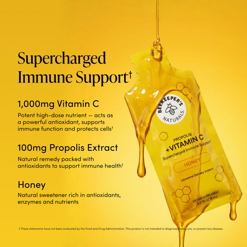 Beekeeper's Naturals Liposomal Vitamin C (1000mg) + Propolis Packets, 30 Ct | Propolis & Organic Honey, Supercharged Immune Support, Increased Bioavailability, Max Absorption Adult 30 Packets