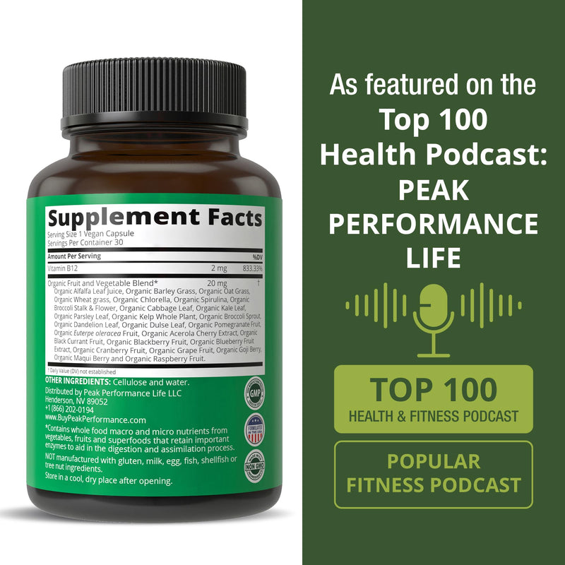 Peak Performance Methyl B12 Vitamin + Whole Food Vegan Supplement Capsules | With Blend of 25 Vegetables & Fruits for Max Absorption. Vitamin B12 Methylcobalamin. Methyl B-12 for Energy, Focus + Relief