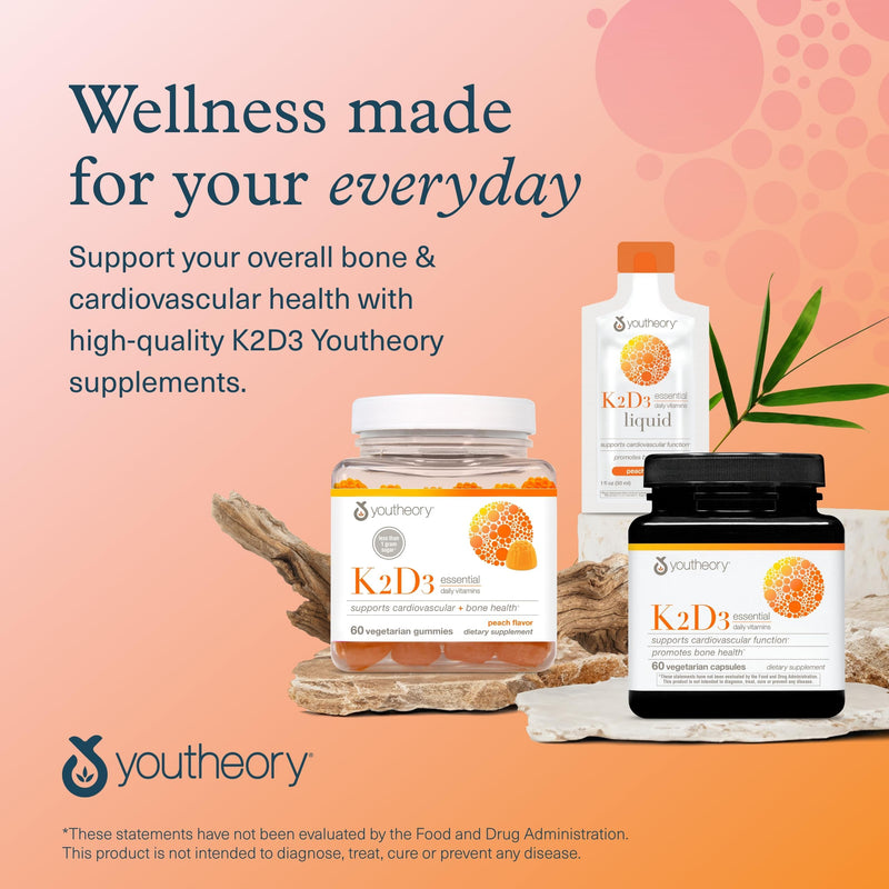 Youtheory K2D3, Organic, 60 Vegetarian Capsules, 60-Day Supply | Vitamin D3 and K2 Supplement, Plant-Based Ingredients, Gluten, Dairy, and Soy-Free, Supports Bone, Heart, and Immune Health* 1 Count (Pack of 60)