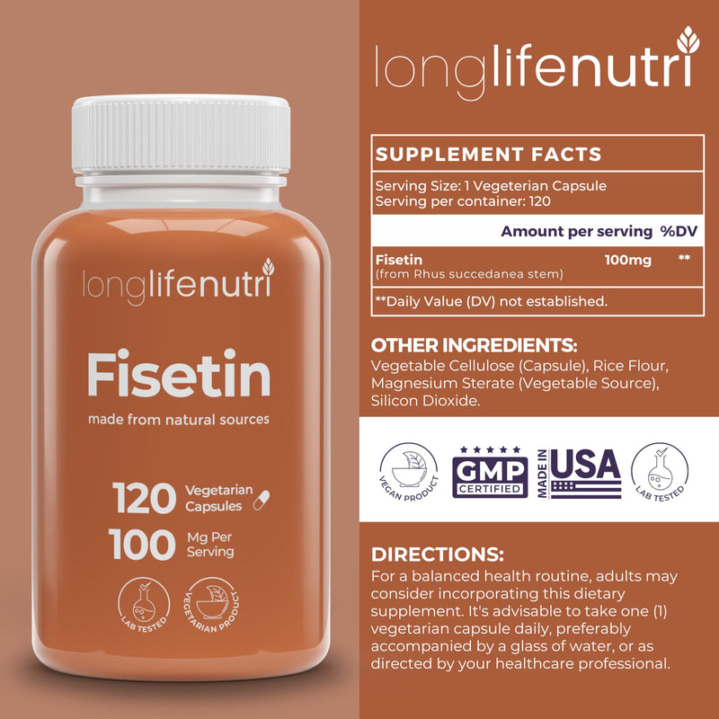Fisetin 100mg - from Rhus Succedanea Stem Extract, 120 Vegetarian Capsules, Senolytic Supplement for Aging & Longevity, 4-Month Supply, Organic, GMP Certified, Made in USA 120 Count (Pack of 1)