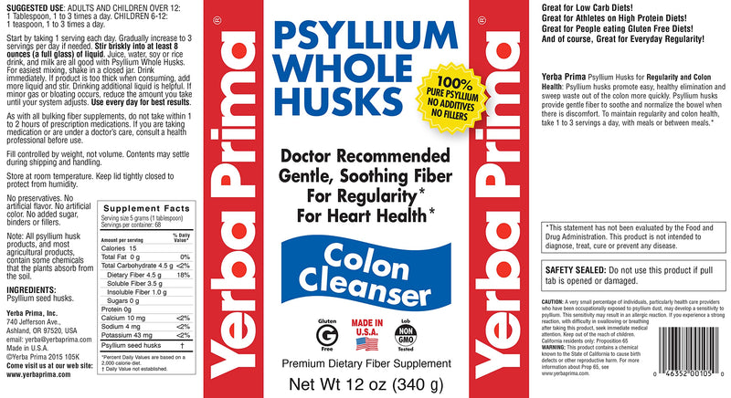Yerba Prima Psyllium Whole Husk, 1 Bottle 12 oz - Fiber Supplement, Vegan, No Sugar or Artificial Sweeteners, Non GMO, Gluten Free 12 Ounce (Pack of 1)