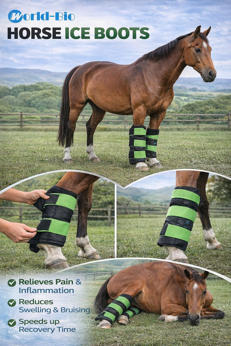 Horse Ice Boots – Cooling Gel Leg Wraps for Hock, Knee, Ankle & Hoof Pain Relief – Reusable Hot & Cold Therapy Wraps with 2 Freeze Gel Packs – Anatomical Fit, Adjustable Wrap for Equine Recovery Green