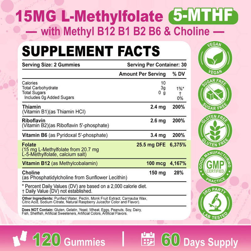 2 Pack L-Methylfolate 15mg Gummies & Methyl B12, High Absorption Active Folate 5-MTHF Supplement for Cognition, Mood & Immune, Sugar Free, Vegan, Non-GMO, Raspberry Flavor, 120 Count 60 Count (Pack of 2)