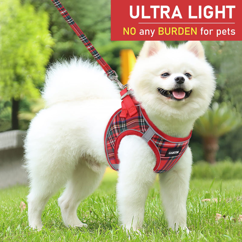 GAMUDA Small Dog Harness Collar and Leash Set, Step in No Chock No Pull Soft Mesh Adjustable Dog Vest Harnesses Plaid Reflective for Dogs Puppy Cats Kitten Rabbit (Red, S) Red - BeesActive Australia