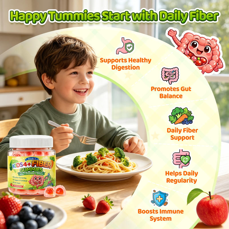 duwhot Kids Fiber Gummies 5g with Probiotics, 60 Chews | Prebiotic Fiber Supplement with Vitamin C D3 B6 & Veggies, Gentle Digestive & Regularity Support, Sugar Free