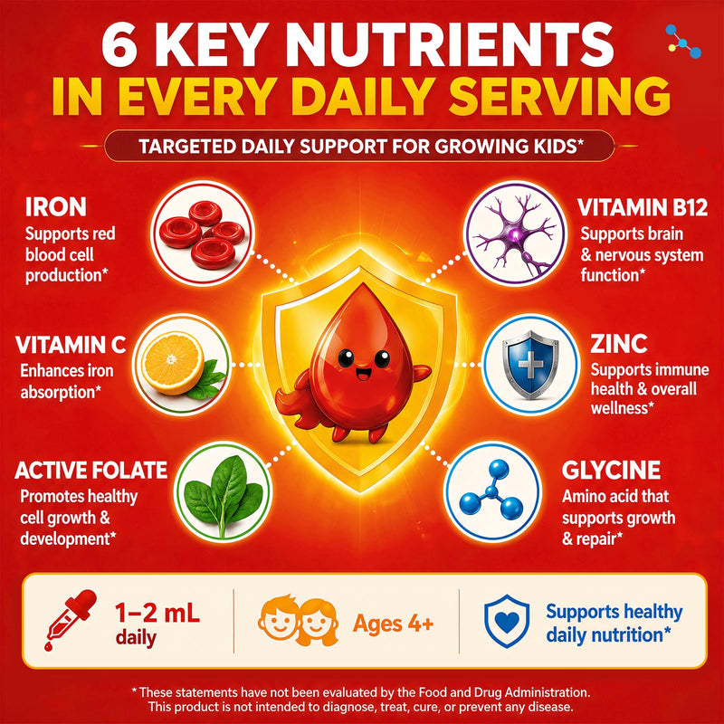 Iron Supplements for Kids Ages 4+, Liquid Iron Drops with Ferrous Bisglycinate, Vitamin C, Active Folate, B12, Zinc & Glycine, Kids Multivitamin with Iron, No Added Sugar, Strawberry Flavor, 4 Fl Oz 2 Fl Oz (Pack of 2)