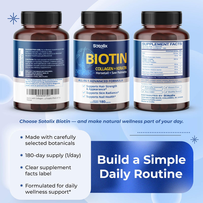 Biotin with Collagen + Keratin Horsetail + Saw Palmetto - Thick Hair, Vibrant Skin, Healthy Nails (180-day Supply (Pack of 1))