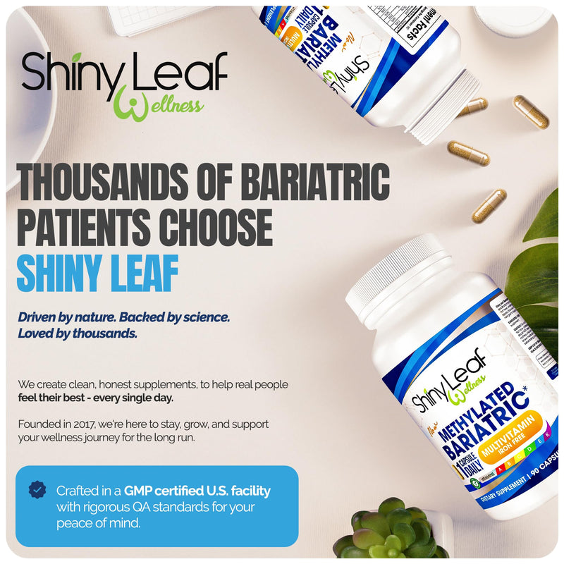 Shiny Leaf Bariatric Multivitamin Without Iron, Methylated B12, 90 Count | Iron-free, methylated folate and B12, plus A, C, D, K. Vegetarian, soy-free 90 Count (Pack of 1)