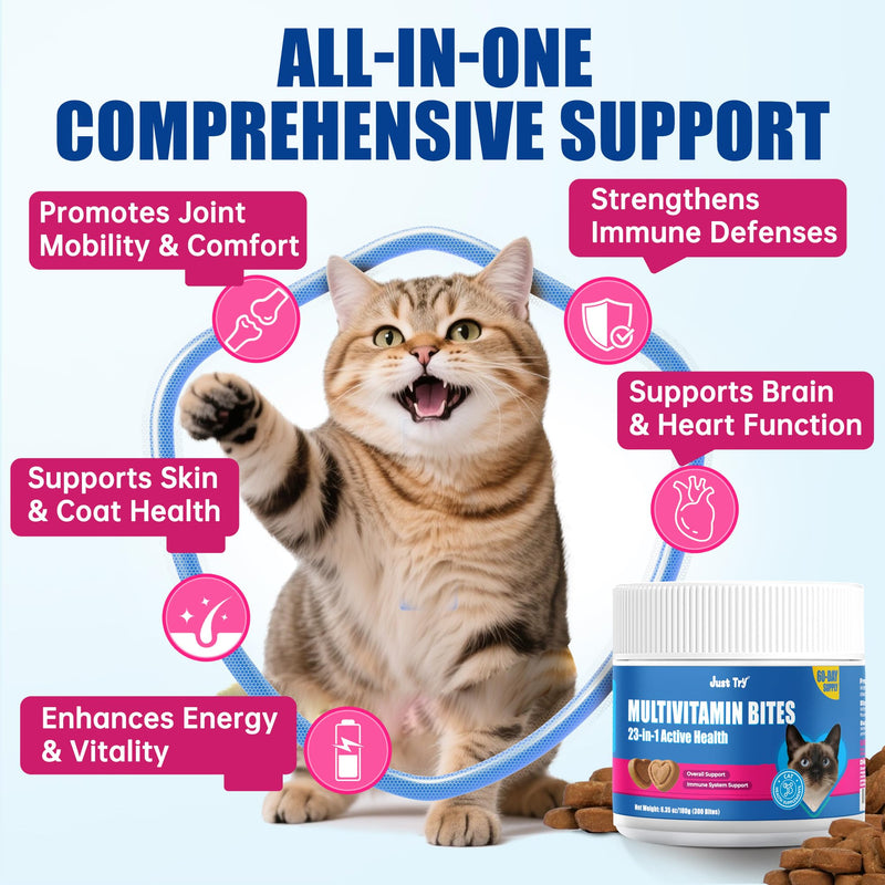 Just Try 23 in 1 Taurine for Cats Vitamins Treats with L-Lysine for Immune, Joint Support Skin & Coat & Heart Health - Multivitamin, Omega 3, Biotin Supplements for Indoor & Senior Cat - 300 Bites
