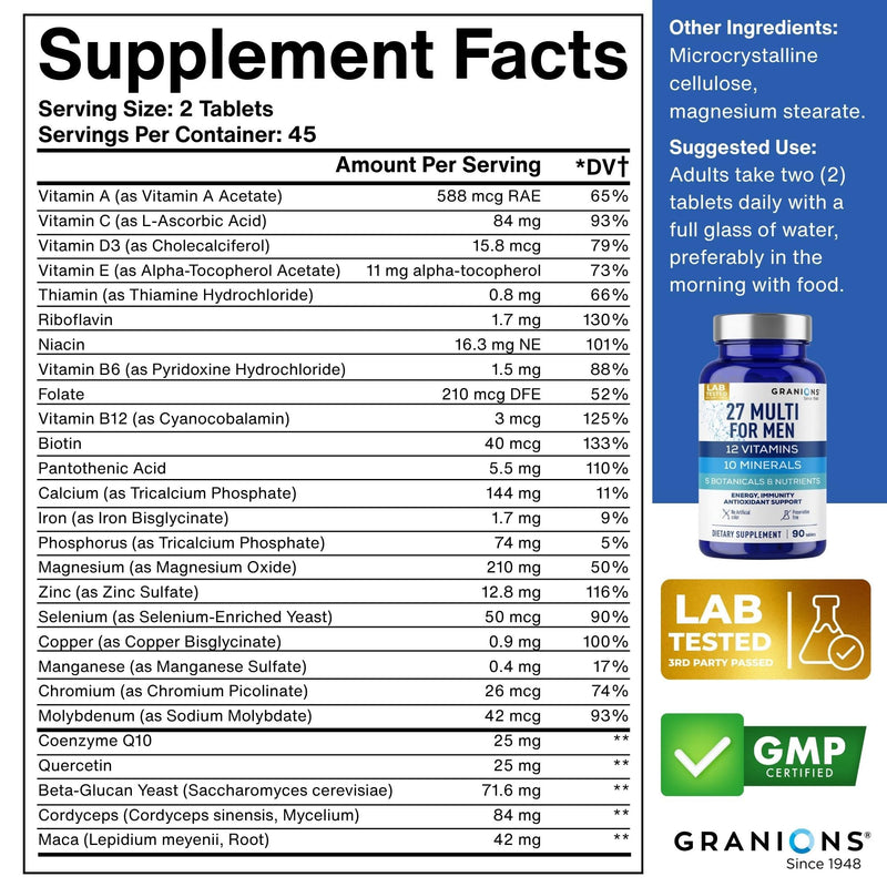 Granions 27 Mens Multivitamins Minerals Extracts - Vitamin D3, C, B12, Zinc, Magnesium, CoQ10, Quercetin, Maca Plus Multivitamin - Daily Mens Vitamins Supplement Multi for Men - 90 Tablets