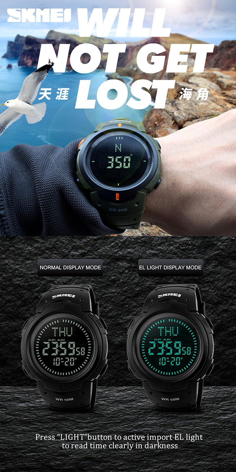Men’s Military Sports Digital Watch with Survival Compass 50M Waterproof Countdown 3 Alarm Stopwatch Black