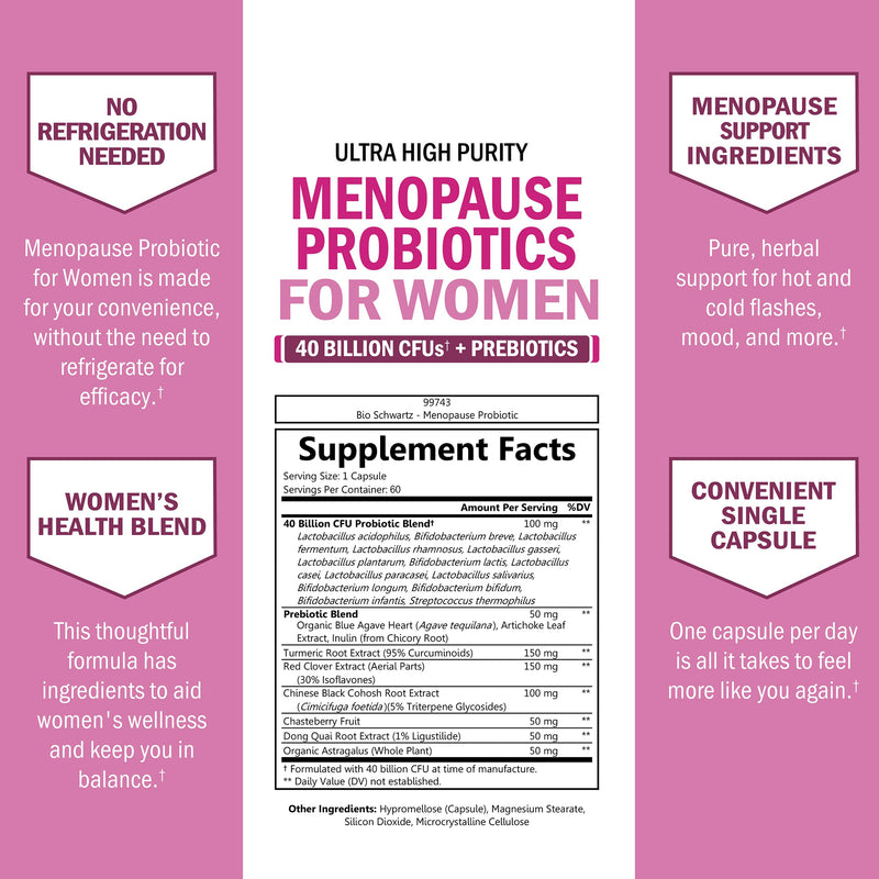 Menopause Supplements for Women - 40B CFU Menopause Probiotics for Women | Support for Hot Flashes Night Sweats Mood Swings and Balance - Non-GMO, 60 Easy-Swallow Capsules, 60 Servings 60 Count (Pack of 1)