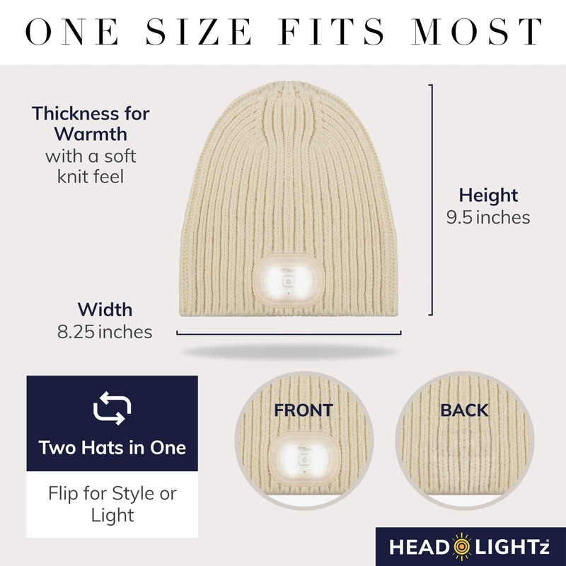 Headlightz® Reversible Knit LED Beanie – Rechargeable Lighted Hat, 2-in-1 Design, Machine Washable, Warm Winter Cap for Running, Dog Walking, Outdoor & Emergency Use - Ivory