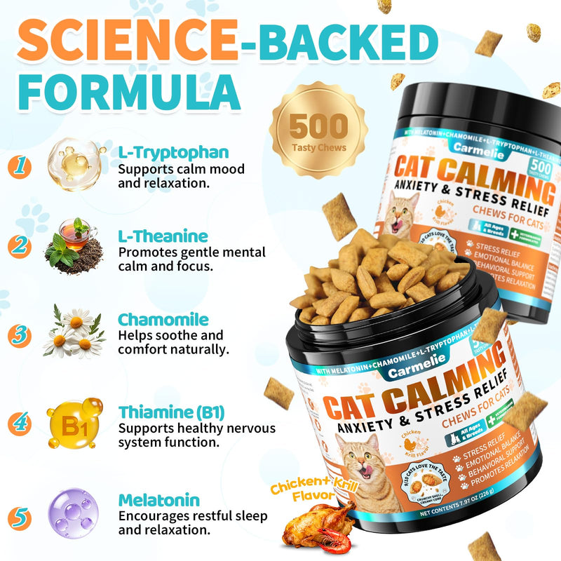 Cat Vitamins & Calming Treats, Cat Multivitamin & Calming Support with Taurine, Melatonin, L-Theanine for Stress, Mood, Skin, Immunity & Daily Wellness, Chicken & Krill Flavor