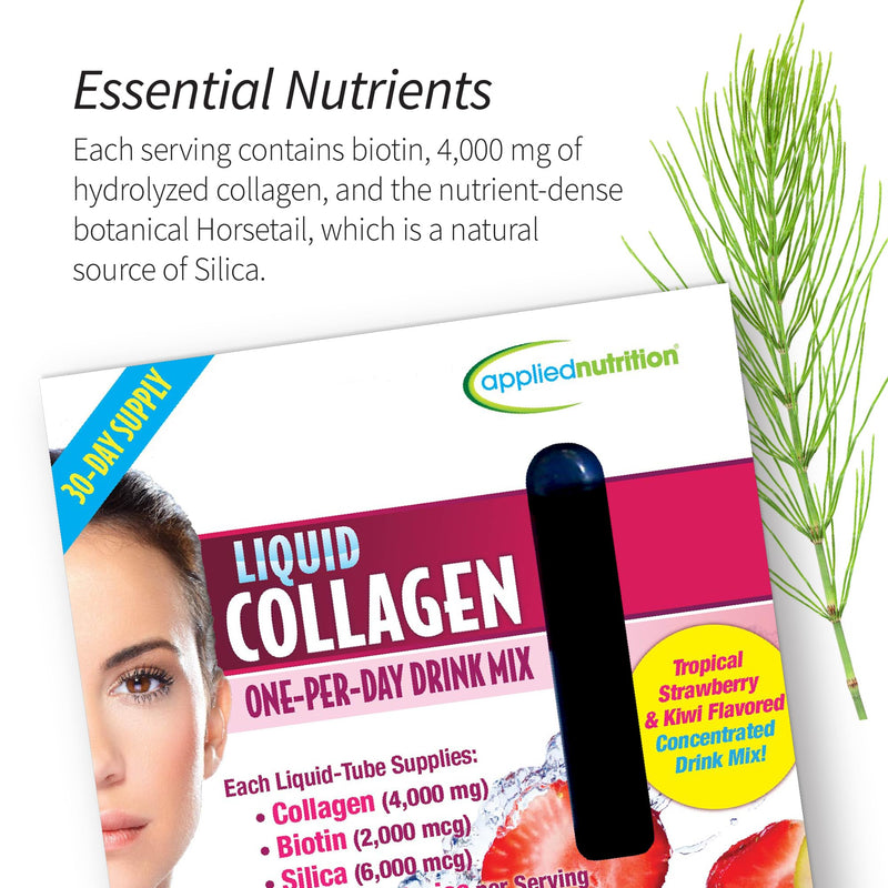 Applied Nutrition Liquid Collagen Skin Revitalization Beauty Drink | Healthy-Looking Skin | 4,000 mg Collagen + Biotin + Silica | Strawberry Kiwi Flavor Collagen Drink | 30 Liquid Tubes 30 Count (Pack of 1)