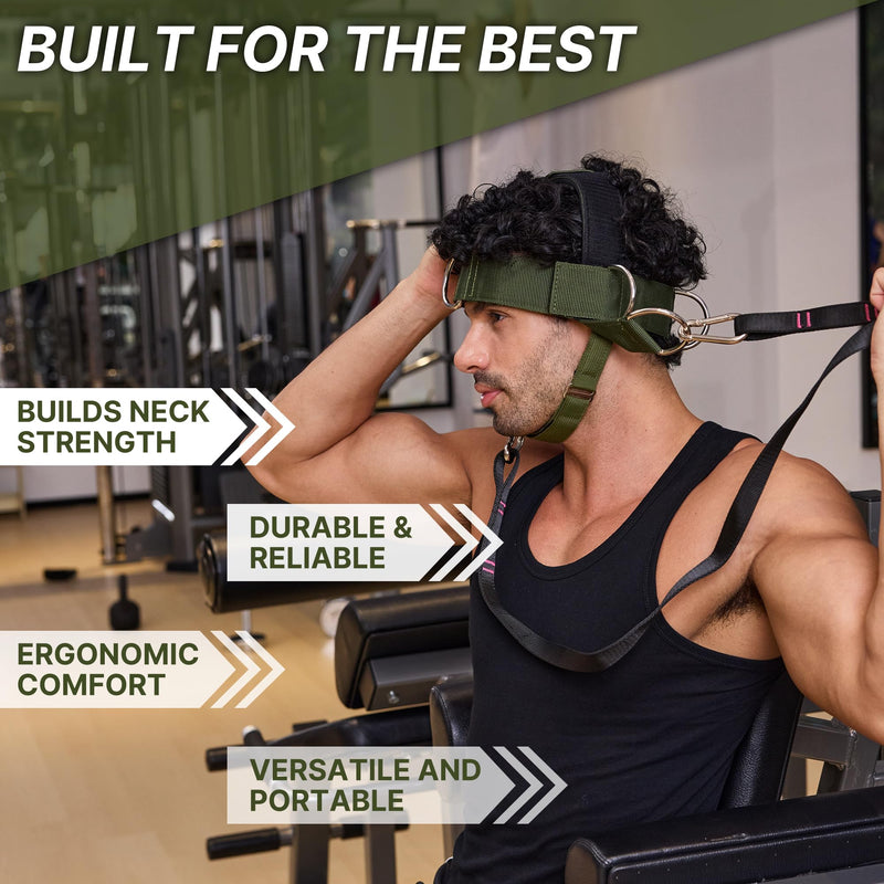 【GurZinn】 Neck Harness Trainer - Adjustable 40" (100cm) Heavy Duty Rope & Neoprene Padding | Improve Neck Strength & Reduce Neck Pain | Gym & Home Use one size Green