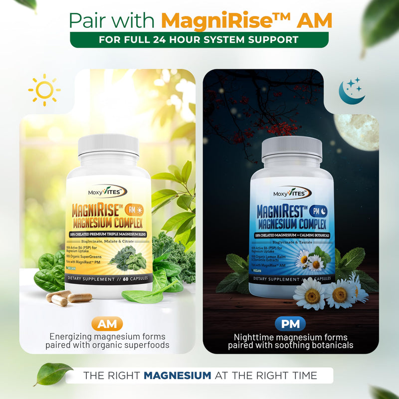 MoxyVites MagniRest PM Magnesium Complex for Women & Men - Magnesium Bisglycinate, Taurate, Active B6, & Calming Organic Botanicals - Chelated High Absorption - Nighttime Magnesium, 60 Vegan Capsules