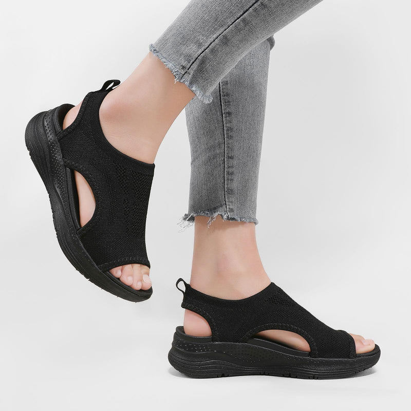 Womens Comfortable Orthopedic Sandals Arch Support Ladies Walking Sport Athletic Sandals Open Toe Slip On Plantar Fasciitis Platform Dress Sandal 2 Inches Heel 6.5 Black