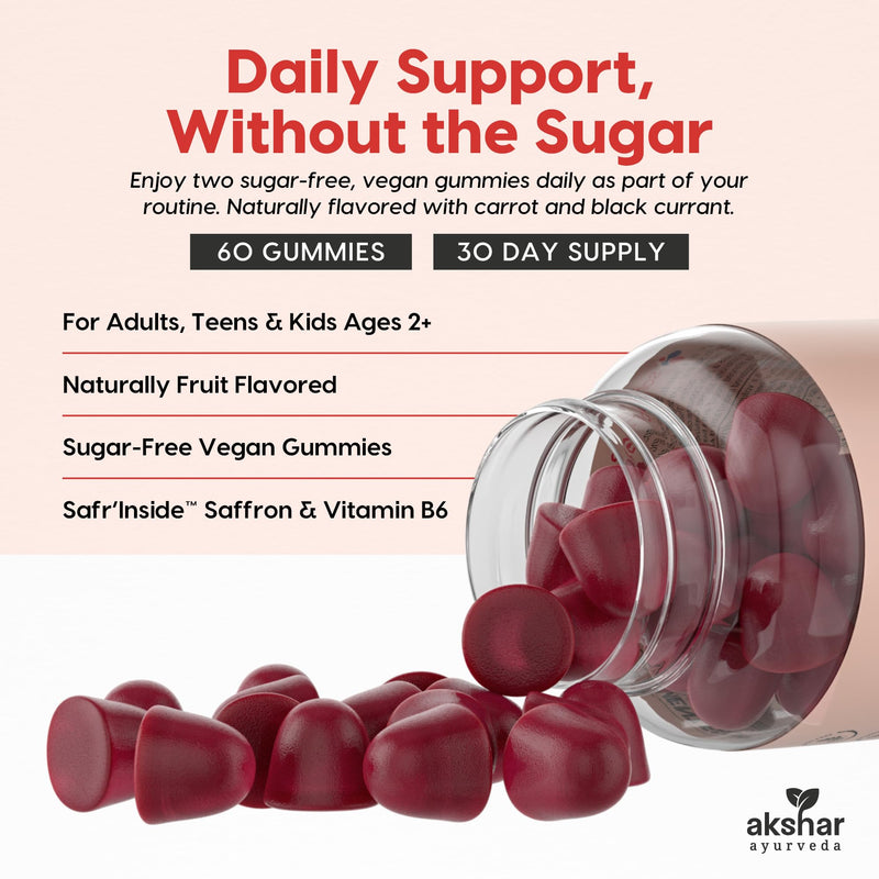 AKSHAR Ayurveda Saffron Gummies, Sugar-Free Vegan Mood & Focus Supplement | Safr'Inside® Extract with Vitamin B6, Supports Calm & Positive Outlook, Hormonal Balance for Women, All Ages, 60 Count 60 Count (Pack of 1)