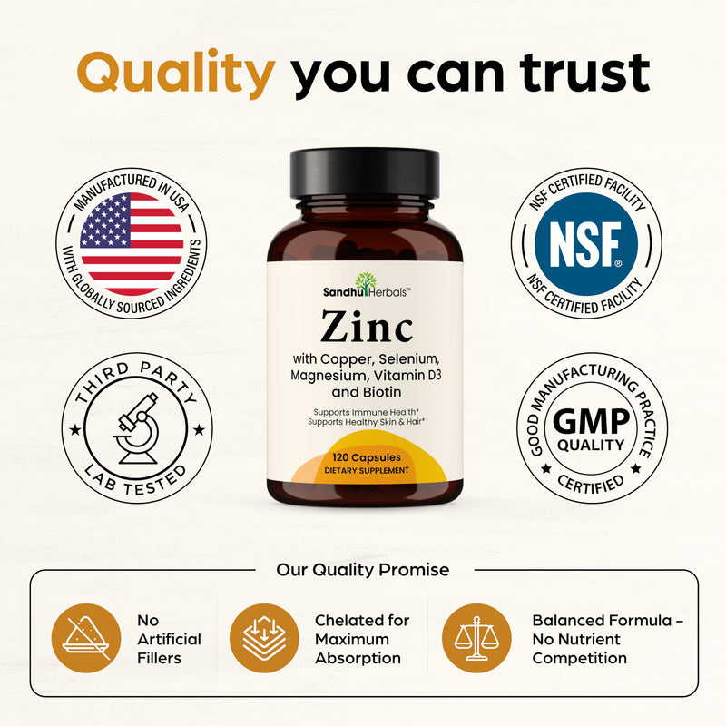 Zinc 30mg Capsules with Copper Magnesium Biotin Selenium Supplements 240 Ct | 7-in-1 Chelated Zink Complex Helps Hair Skin Nails For Men & Women Made In USA NSF-GMP Certified Facility By Sandhu Herbals 120 Count (Pack of 2) Zinc 30mg with Copper