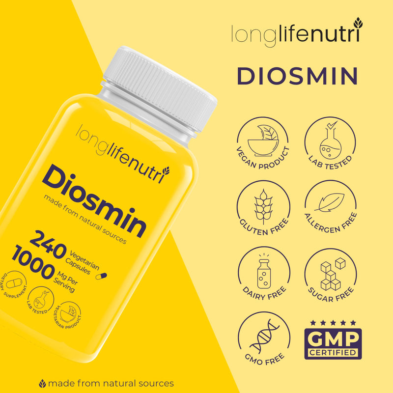 Diosmin 1000mg Advanced Formula - 240 Capsules for Circulatory Health Support, 4-Month Supply, Non-GMO, Made in USA - Daily Wellness Supplement