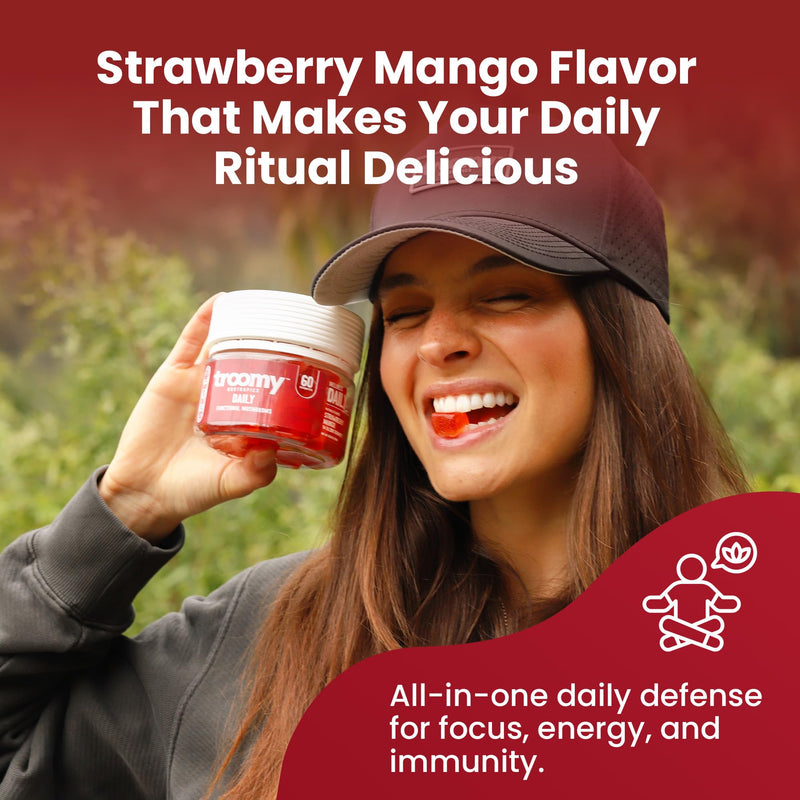 Troomy Daily 14 Mushroom Blend Gummies - Strawberry Mango, 60 Count | Reishi, Cordyceps, Lion's Mane and Chaga in Every Gummy, Triple-Extracted, Vegetarian and Gluten-Free, Made in USA 60 Count (Pack of 1)