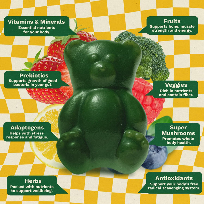 Gruns Kids Multivitamin Kids Greens Gummies, 28 ct | Daily Supplement with Vitamins, Minerals, Adaptogens, and Prebiotic Fiber Low Sugar
