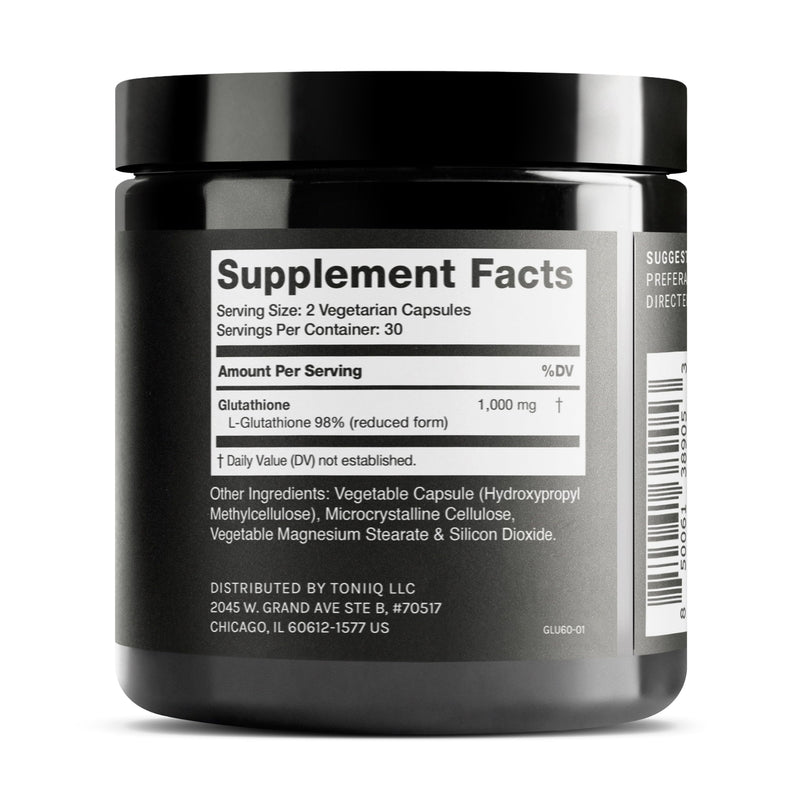 Toniiq Ultra High Strength Glutathione Capsules - 1000mg Concentrated Formula - 98%+ Highly Purified and Bioavailable - Non-GMO Fermentation - 60 Capsules Reduced Glutathione Supplement 60 Count (Pack of 1)