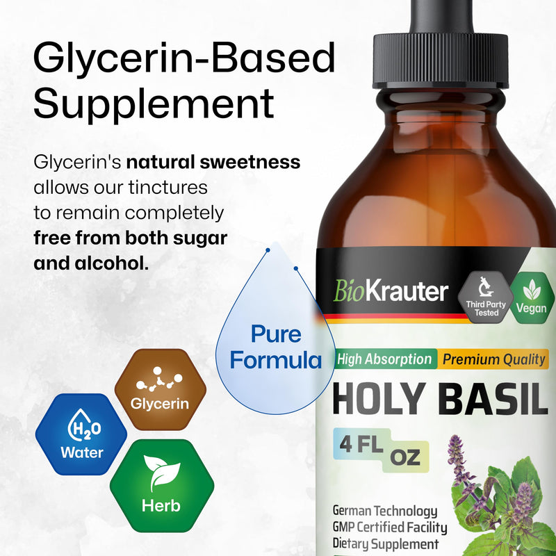 BIO KRAUTER Holy Basil Tincture - Tulsi Powder Liquid Extract - Supports Calmness and Relaxation - Ursolic Acid Supplement - Alcohol and Sugar Free Holy Basil Extract - Vegan Drops 4 Fl.Oz. 4 Fl Oz (Pack of 1)