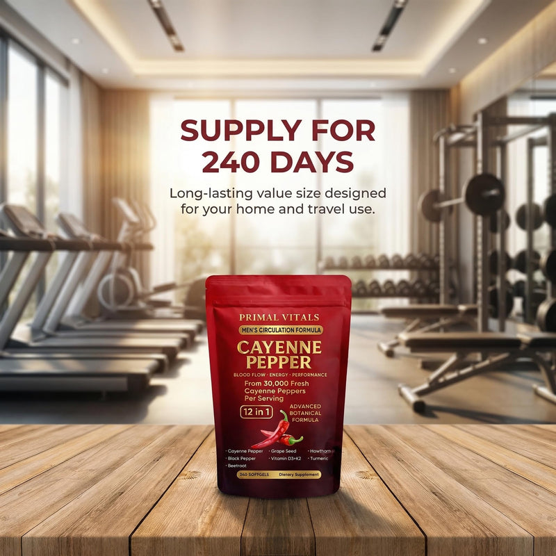 Primal Vitals Cayenne Pepper Softgels - Apex Vitals 12-in-1 Botanical Blend with Grape Seed, Hawthorn, Turmeric, Beetroot, Black Pepper & Vitamin D3 + K2, Wellness & Circulation Support - 240 Softgels