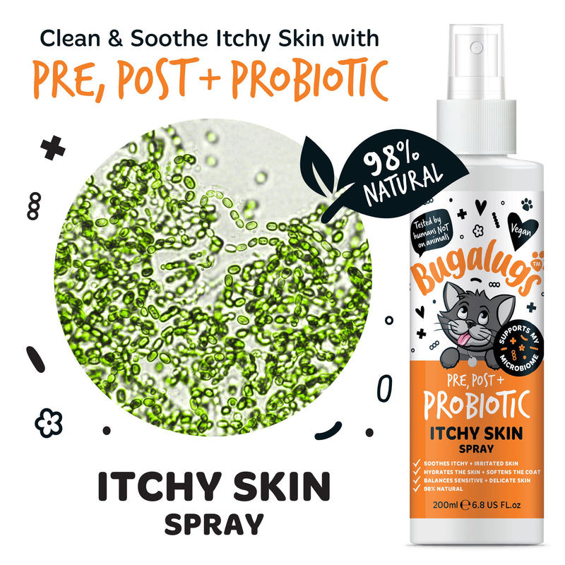 Bugalugs Probiotic Cat Spray for itchy skin. Leave in spray to condition, nourish and hydrate skin and coat. Professional cat cleaning and grooming formula