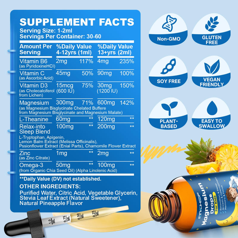 2PCS Magnesium Drops - Magnesium Glycinate Liquid Drops for Kids - Calm, Sleep, Relaxation, Bones, Brain Support with Vitamin B6, C, D3, Omega-3, L-Theanine, Zinc, Multivitamins - Pineapple Flavor