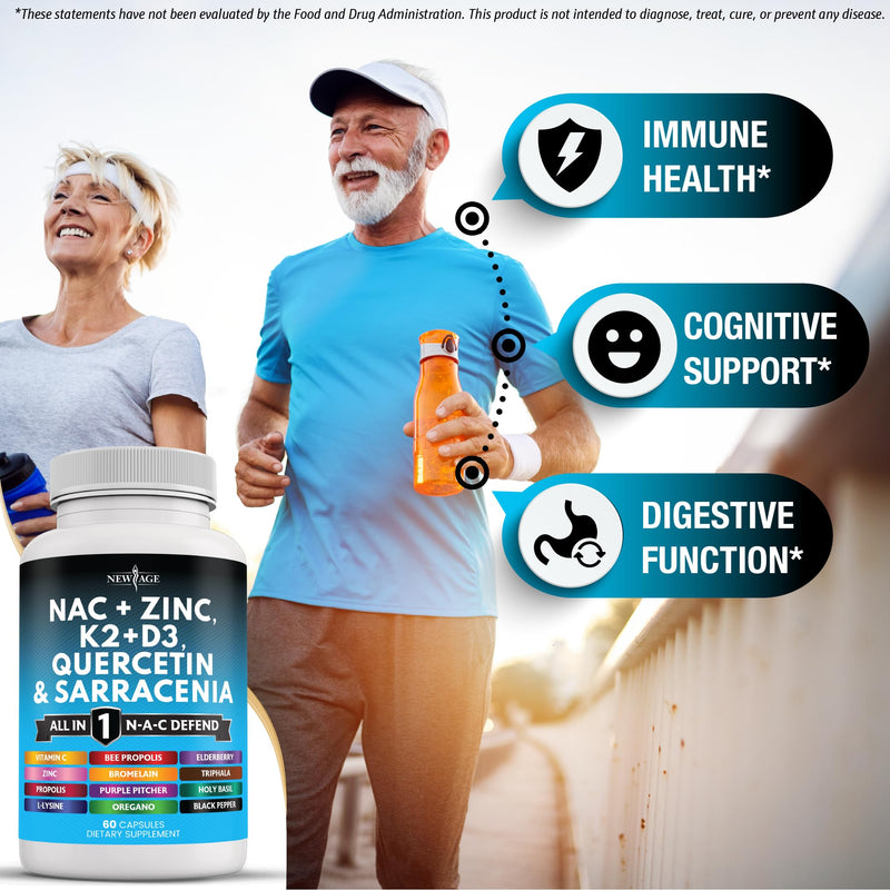 NEW AGE NAC Supplement N-Acetyl Cysteine- with Vitamin D3, K2, Zinc, Quercetin, Triphala, Sarracenia Purpurea, Elderberry, Holy Basil, Bee Propolis, Bromelain, L-Lysine - 180 Count 60 Count (Pack of 3)