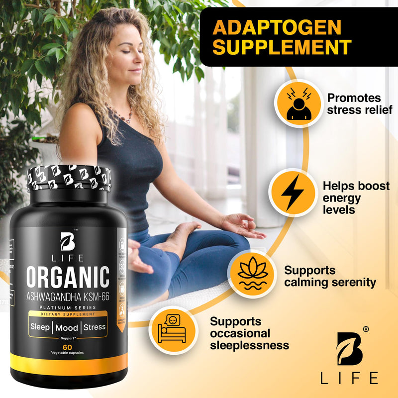 Organic Ashwagandha KSM-66 1000 mg Supplement | Adaptogen for Cortisol Support & Stress Relief | Mood, Calm & Sleep Aid for Men & Women | Ashwagandha ritual vitamins for women | 60 Vegan Caps 60 Count (Pack of 1)