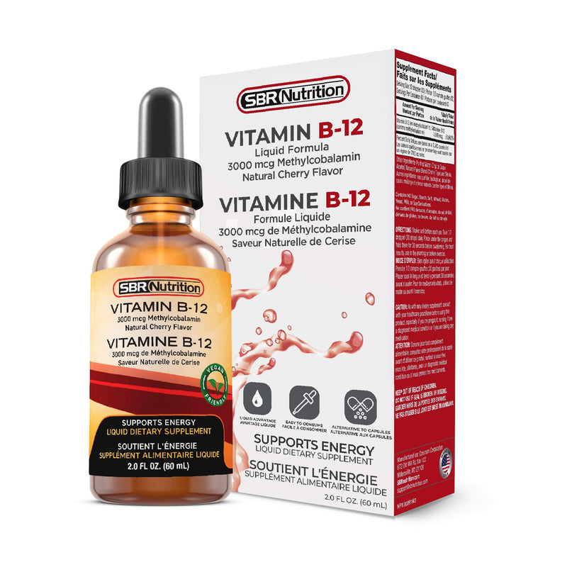 SBR Nutrition Vitamin B12 Sublingual Liquid Drops - Methylcobalamin, VIT B 12 Supports Energy, Max Absorption, 3000mcg Per Serving, 60 Servings, Non-GMO, Vegan Friendly, Manufactured in The USA Natural Cherry - 3000mcg