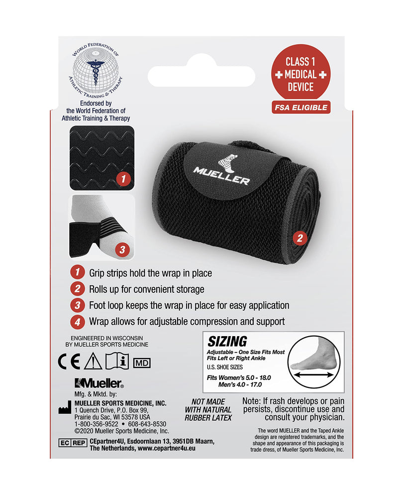 MUELLER Sports Medicine Easy Grip Adjustable Ankle Wrap, Ankle Pain Relief Support for Men and Women, Ideal for Sprains, Strains, Arthritis, Black, One Size
