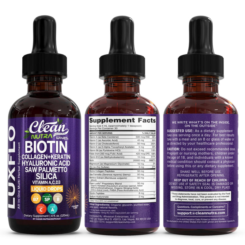 Liquid Biotin & Collagen Keratin Hyaluronic Acid Saw Palmetto Drops Vitamins for Hair Growth Support Silica Vitamin A C D Bamboo Turmeric Zinc Folate Magnesium Horsetail LuxFlo By Clean Nutra 1