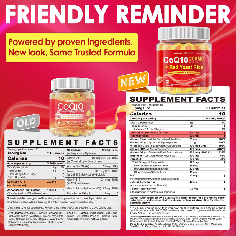 Red Yeast Rice Gummies 600mg & CoQ10 200mg for Adult, 12-in-1 High Absorption Coenzyme Q10 Supplement Plus Omega 3, PQQ, Astaxanthin, Methyl B12, Support Brain, Energy, Immunity, Antioxidant, 60Cts 60 Count (Pack of 1)