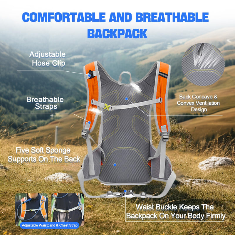 Hydration Backpack 20L Lightweight Breathable Water Backpack with 2L Water Bladder, Adjustable Chest Straps Running Hydration Vest for Cycling, Hiking, Climbing Orange