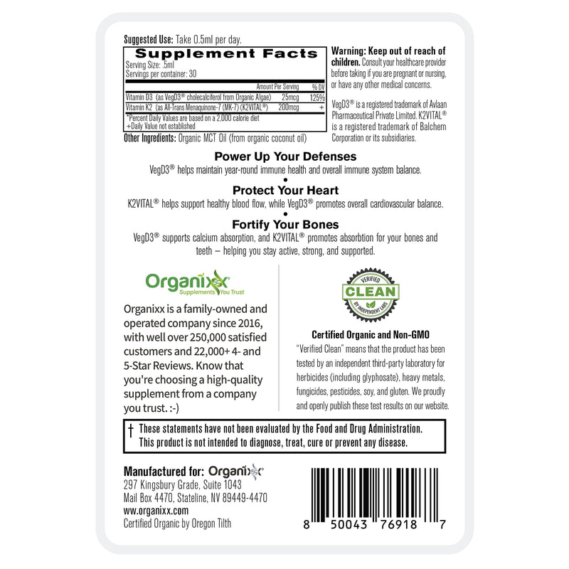 Organixx D3 K2 Supplement, Bone & Immune Health, MCT Oil, 30 Serv | Bioavailable D3 & K2 in MCT oil, Vitamin K2 directs calcium to bones; supports bone density, immune health & wellness