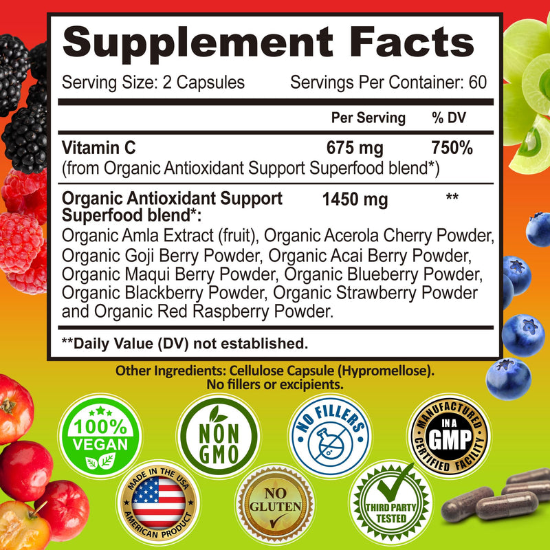 Whole Food Vitamin C Complex - 1450mg Organic Berries - 675 mg Vitamin C per Serving, High-Potency Antioxidant & Immune Support with Acerola, Amla and Natural Bioflavonoids - Vegan, Non-GMO, 120 Count Organic Vitamin C Capsule 675mg - 120 ct